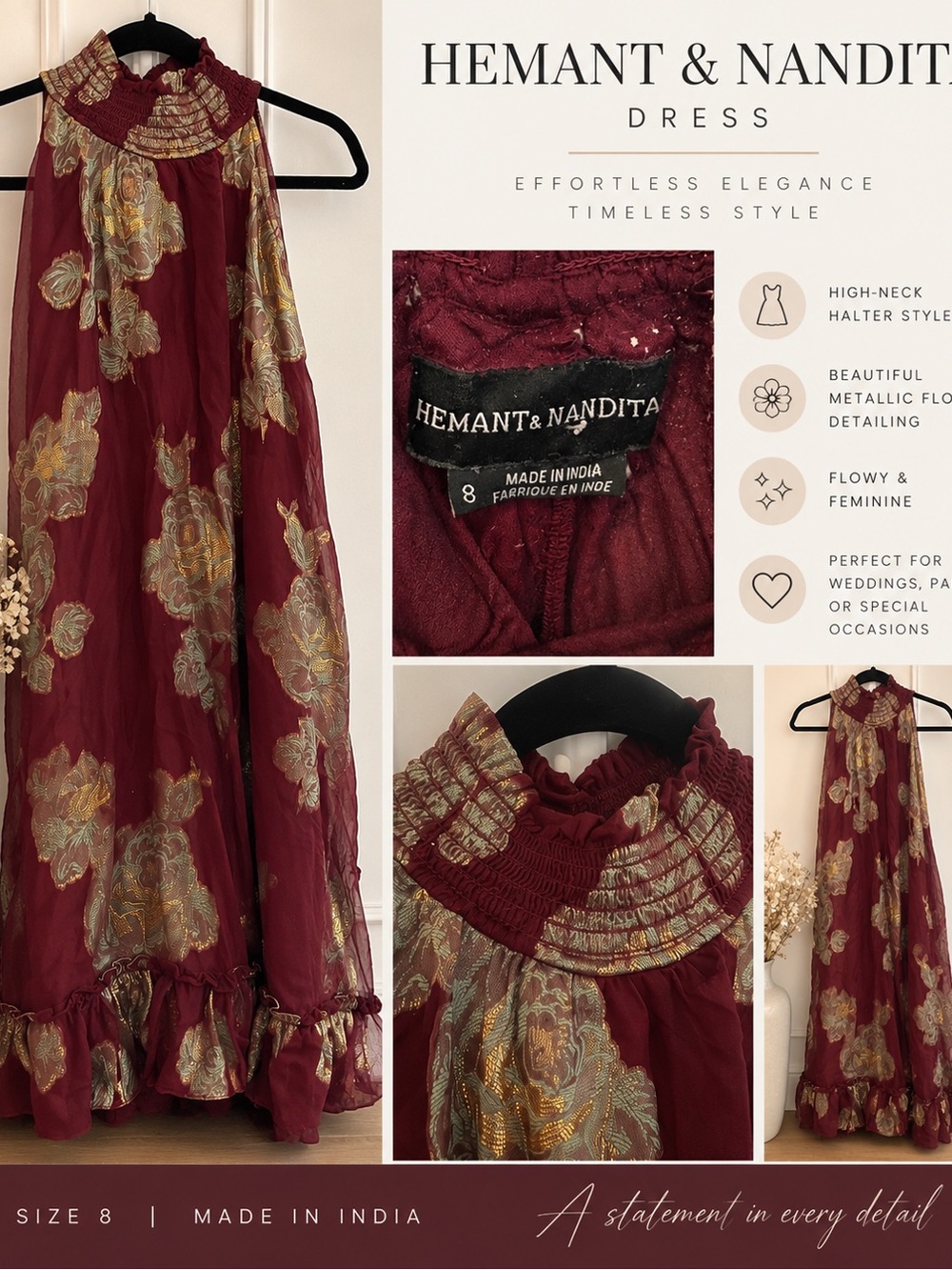 Hemant & Nandita Burgundy Gold Floral Halter Dress – Size 8